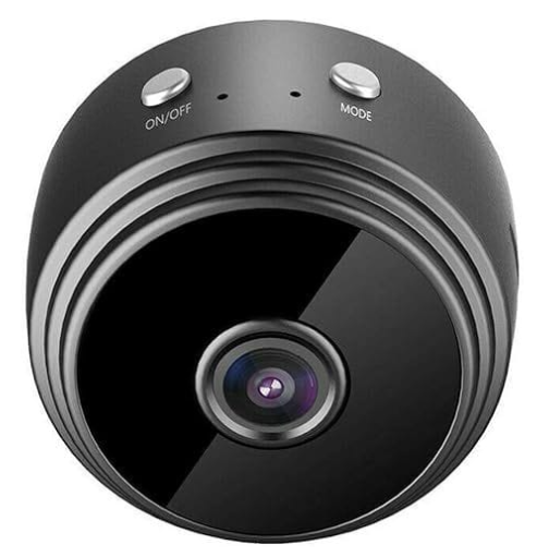 Mini WiFi Camera front view showing ON/OFF and MODE buttons